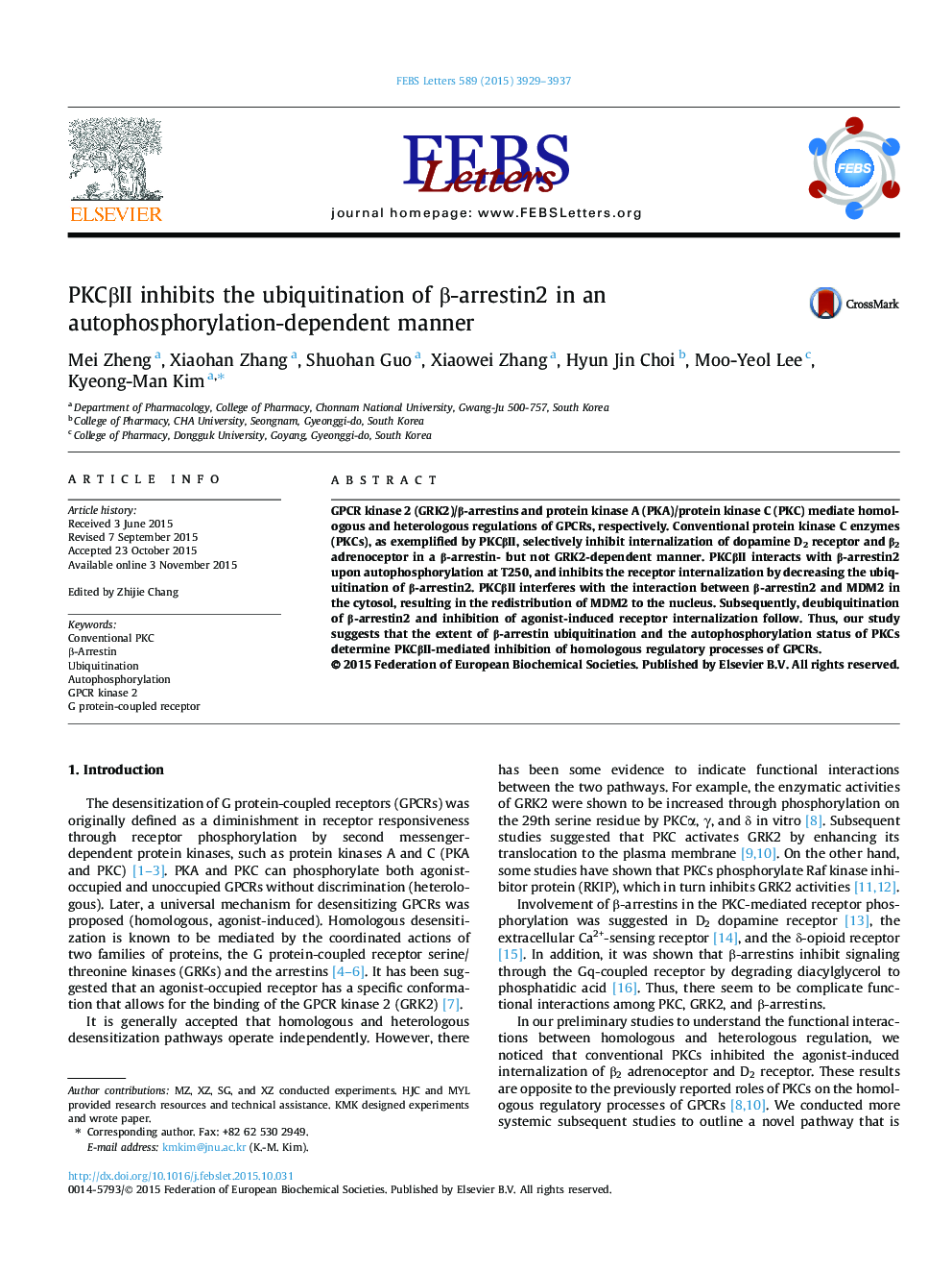 PKCÎ²II inhibits the ubiquitination of Î²-arrestin2 in an autophosphorylation-dependent manner