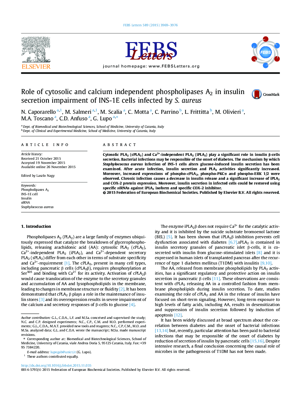 Role of cytosolic and calcium independent phospholipases A2 in insulin secretion impairment of INS-1E cells infected by S. aureus