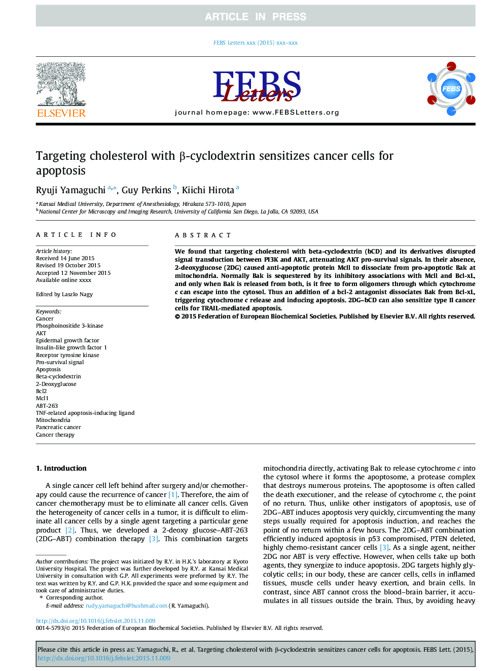 Targeting cholesterol with Î²-cyclodextrin sensitizes cancer cells for apoptosis