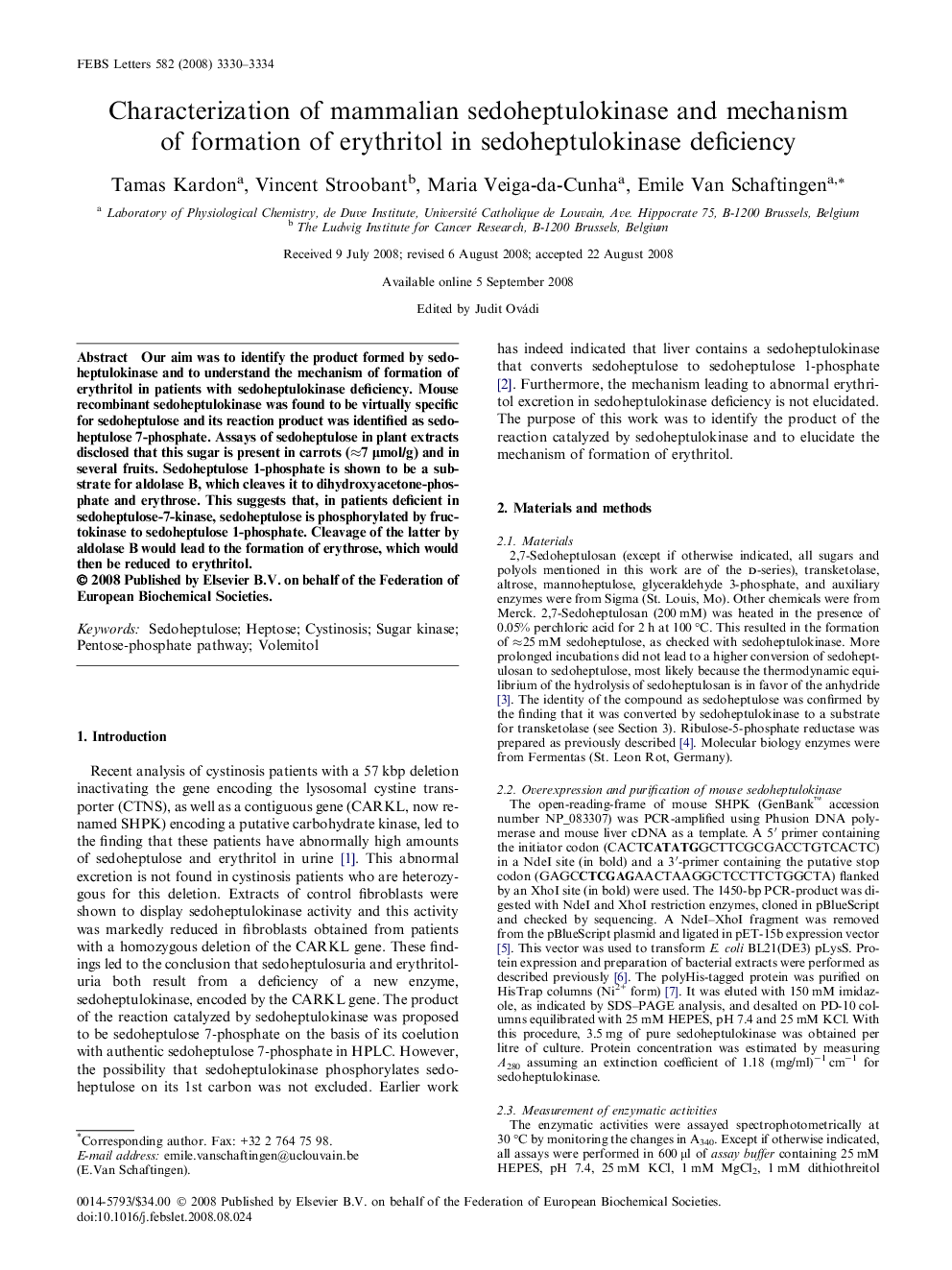 Characterization of mammalian sedoheptulokinase and mechanism of formation of erythritol in sedoheptulokinase deficiency