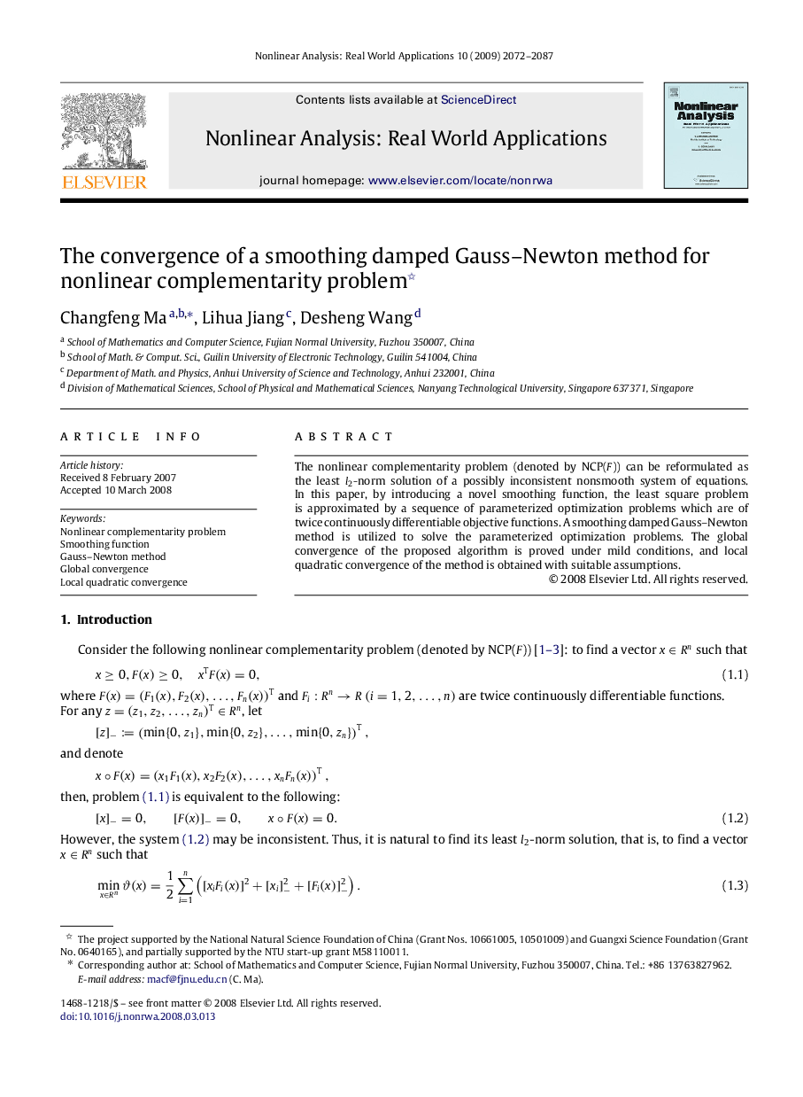 The convergence of a smoothing damped Gauss–Newton method for nonlinear complementarity problem 