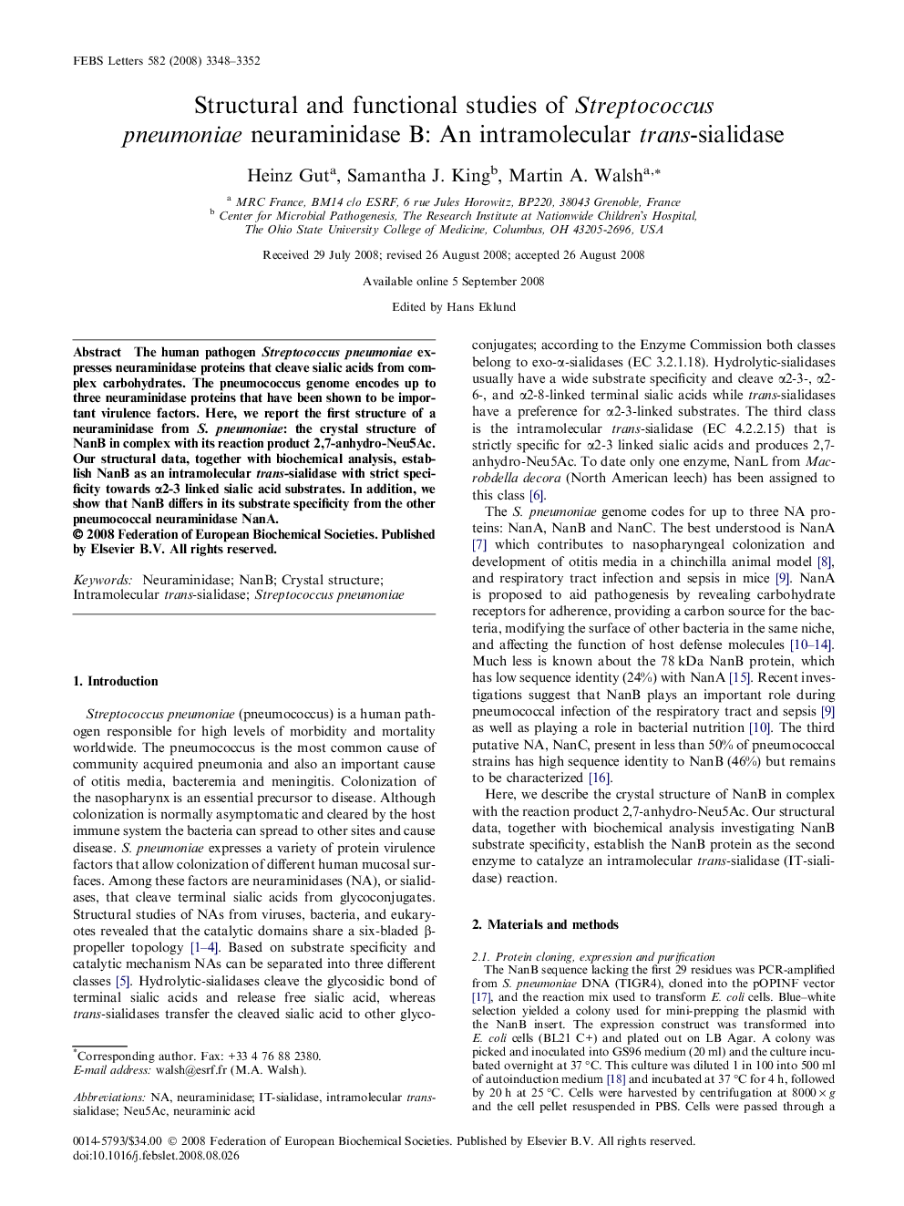 عکس صفحه اول مقاله: Structural and functional studies of Streptococcus pneumoniae neuraminidase B: An intramolecular trans-sialidase Structural and functional studies of Streptococcus pneumoniae neuraminidase B: An intramolecular trans-sialidase