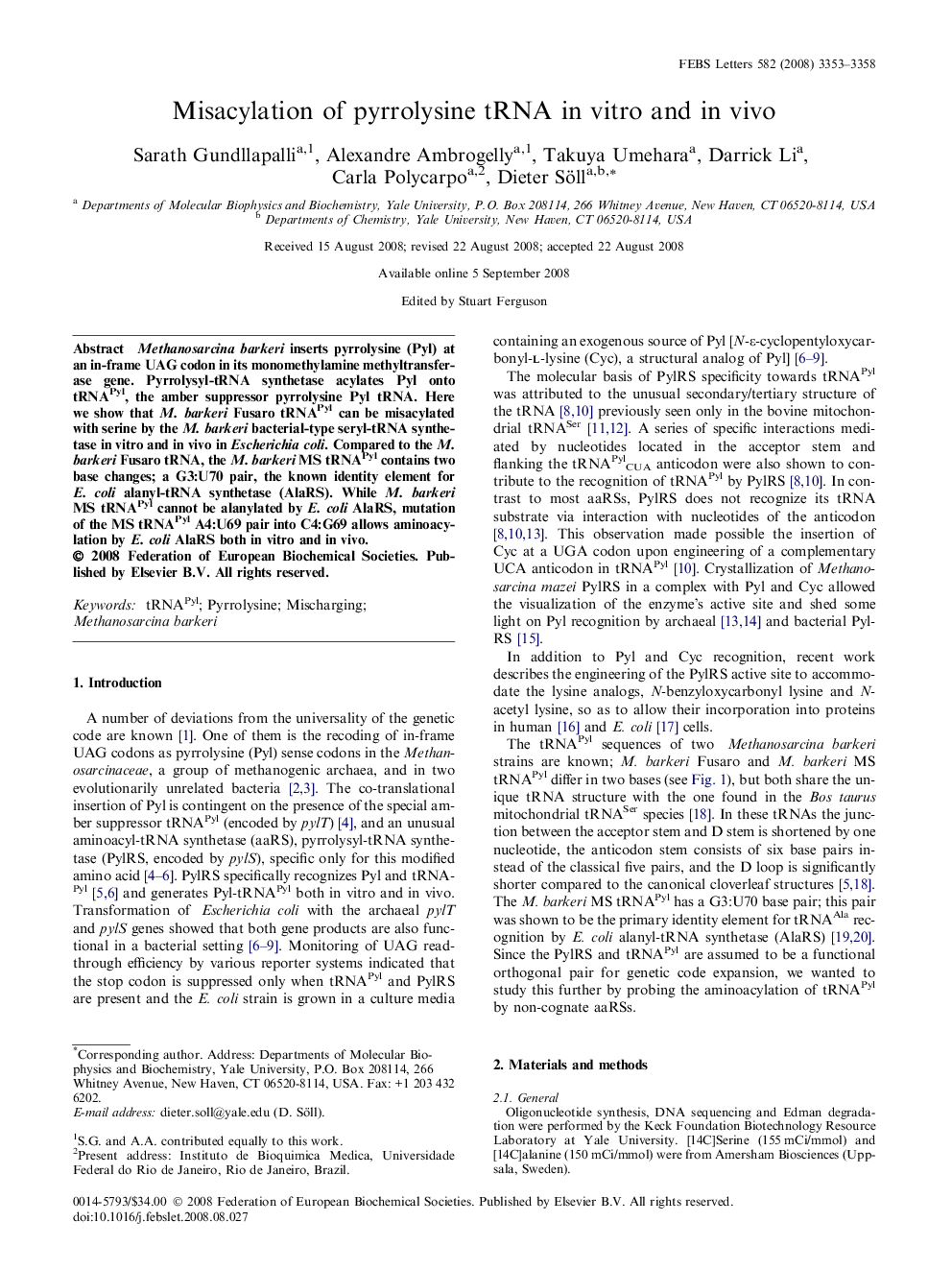 Misacylation of pyrrolysine tRNA in vitro and in vivo