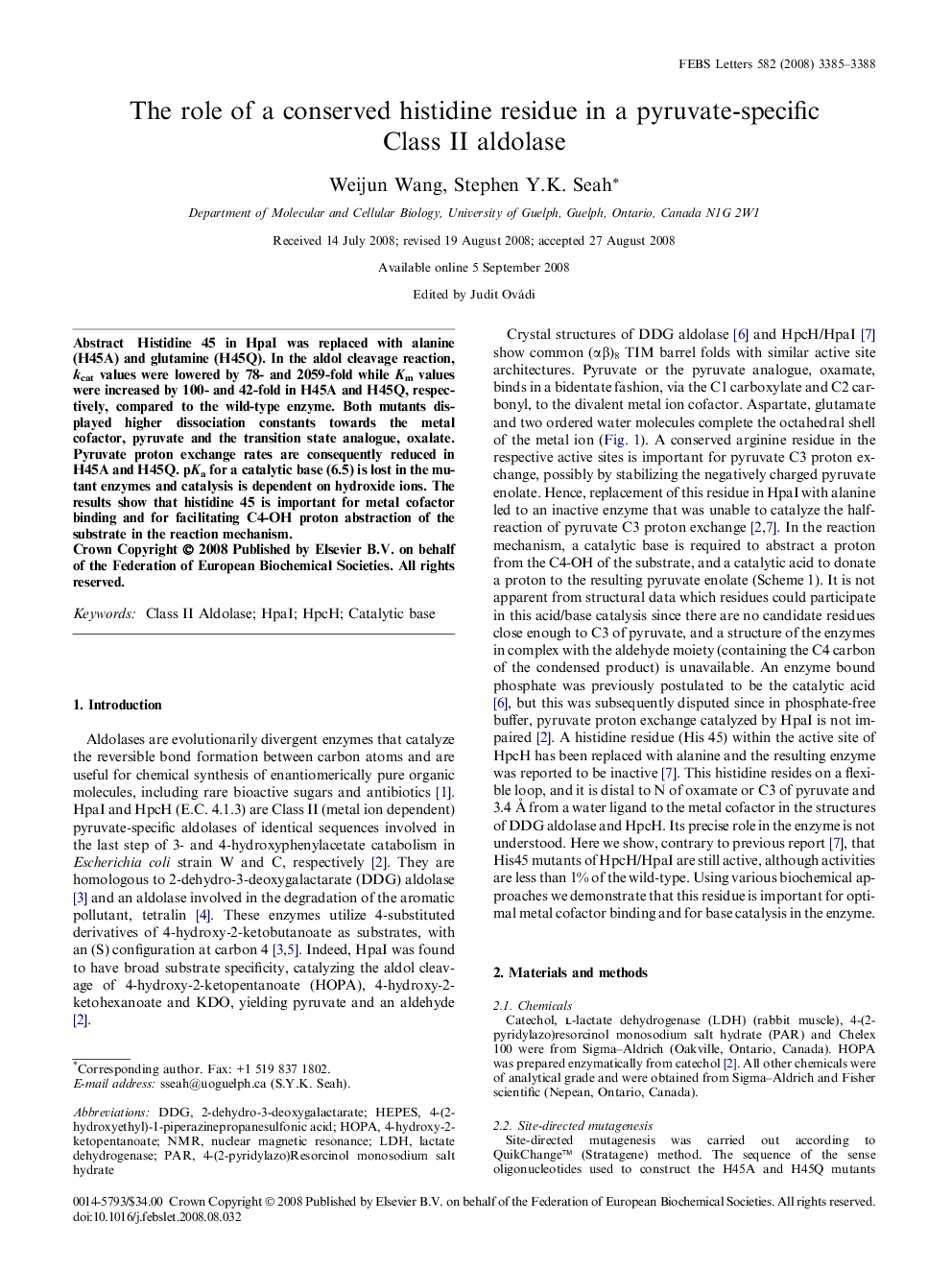 The role of a conserved histidine residue in a pyruvate-specific Class II aldolase