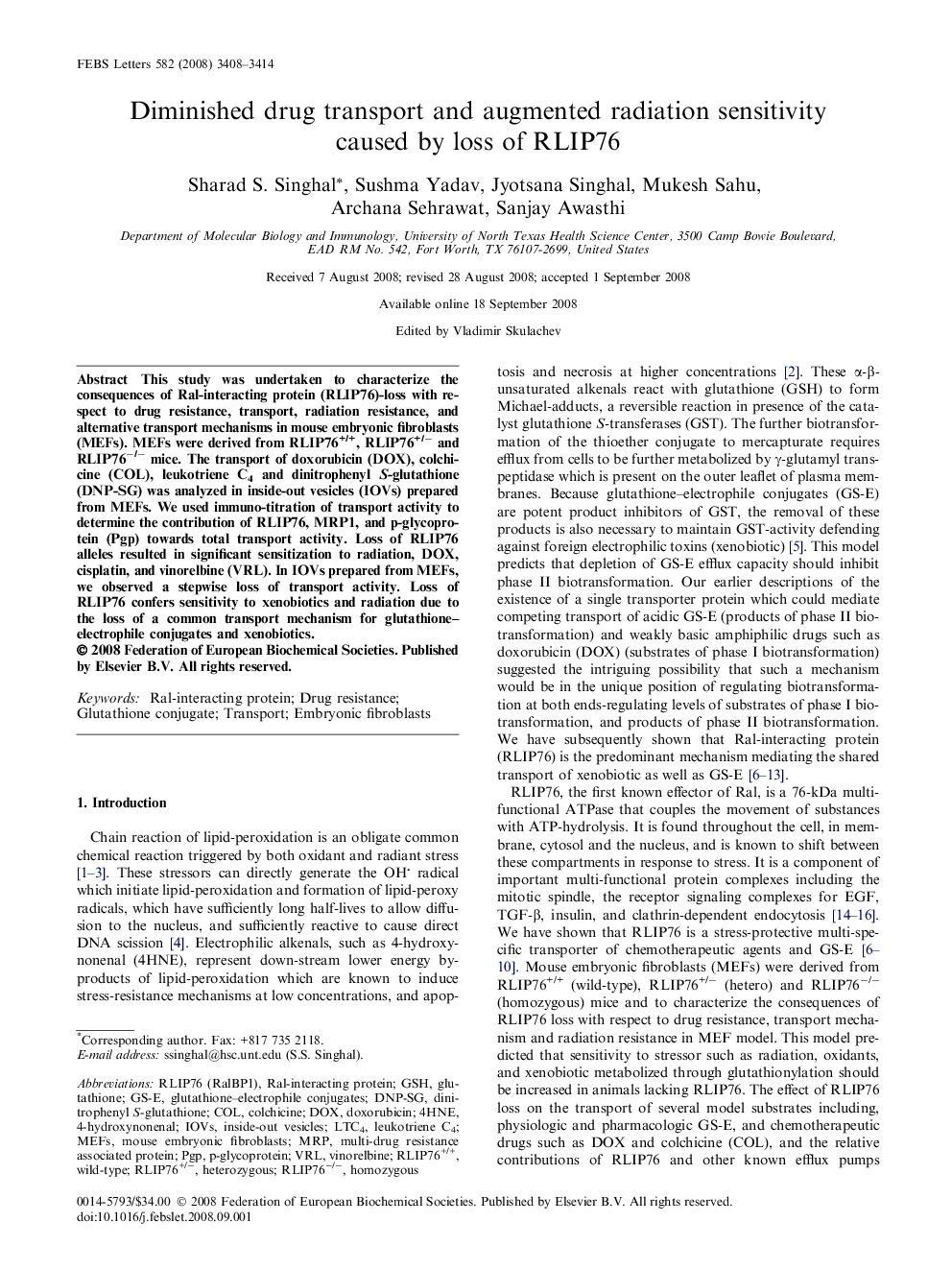 Diminished drug transport and augmented radiation sensitivity caused by loss of RLIP76