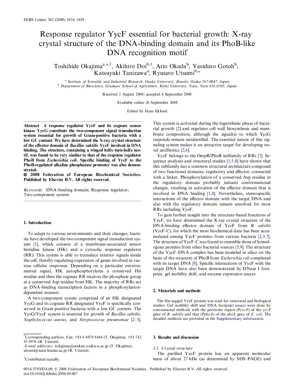 Response regulator YycF essential for bacterial growth: X-ray crystal structure of the DNA-binding domain and its PhoB-like DNA recognition motif