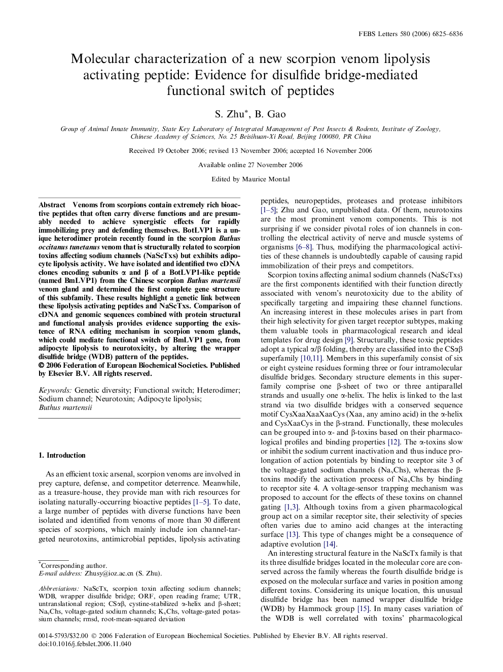 Molecular characterization of a new scorpion venom lipolysis activating peptide: Evidence for disulfide bridge-mediated functional switch of peptides