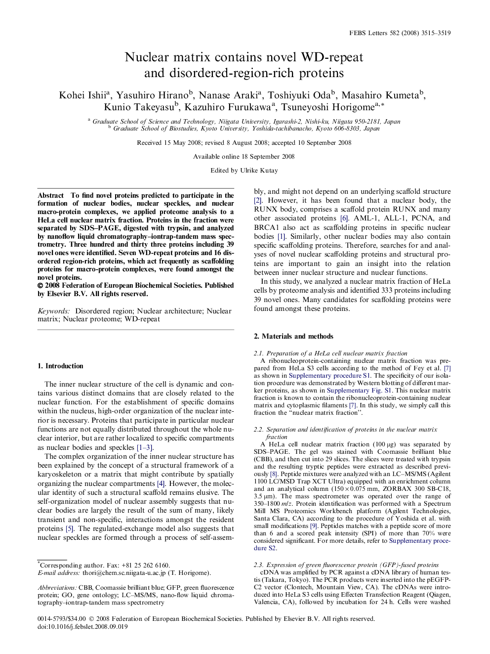 Nuclear matrix contains novel WD-repeat and disordered-region-rich proteins