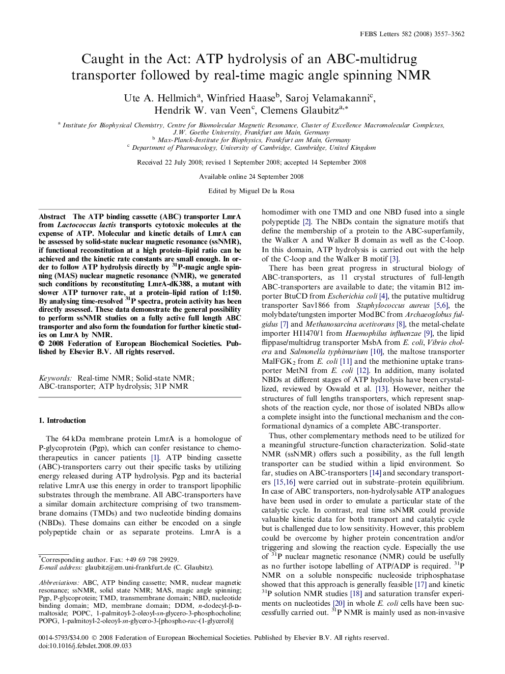 Caught in the Act: ATP hydrolysis of an ABC-multidrug transporter followed by real-time magic angle spinning NMR