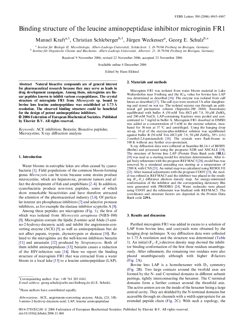 Binding structure of the leucine aminopeptidase inhibitor microginin FR1