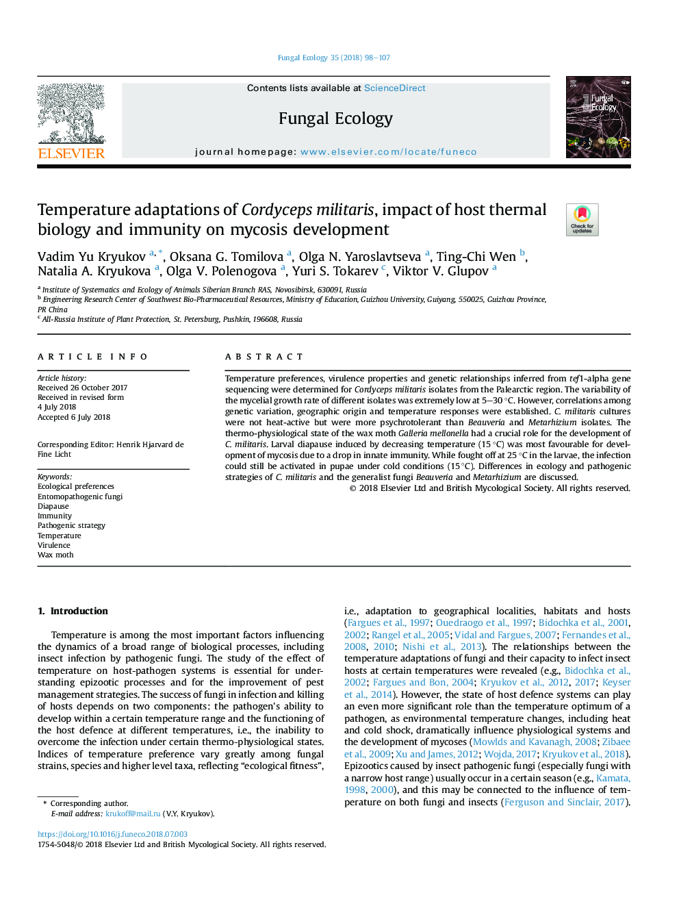 Temperature adaptations of Cordyceps militaris, impact of host thermal biology and immunity on mycosis development