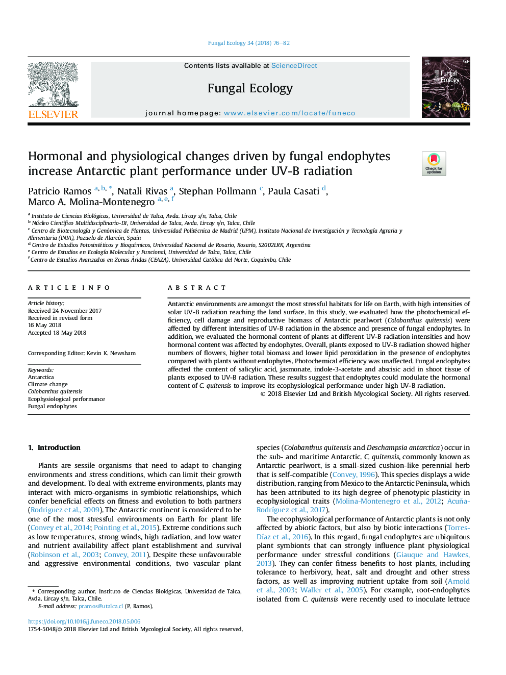 Hormonal and physiological changes driven by fungal endophytes increase Antarctic plant performance under UV-B radiation