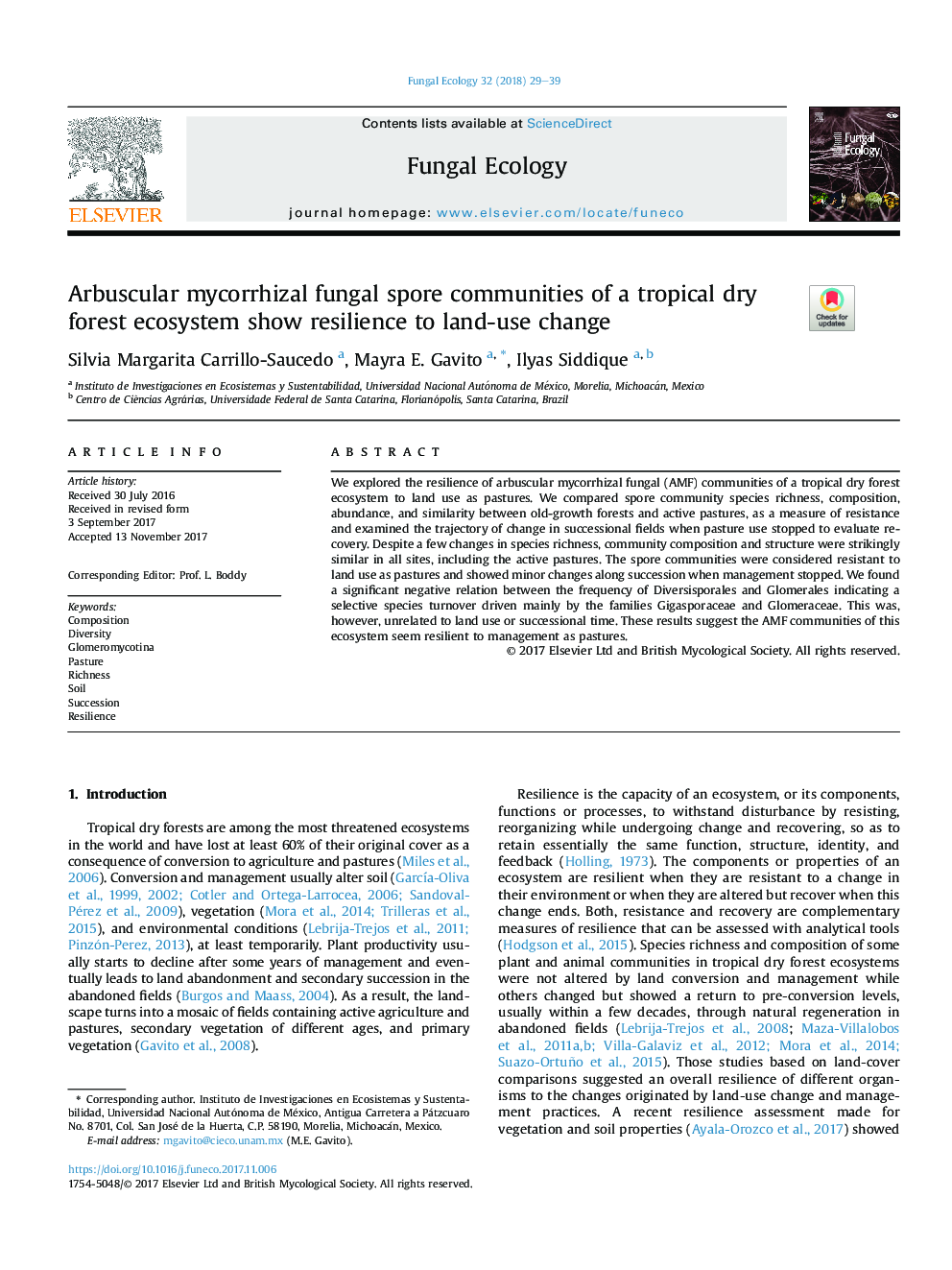 Arbuscular mycorrhizal fungal spore communities of a tropical dry forest ecosystem show resilience to land-use change