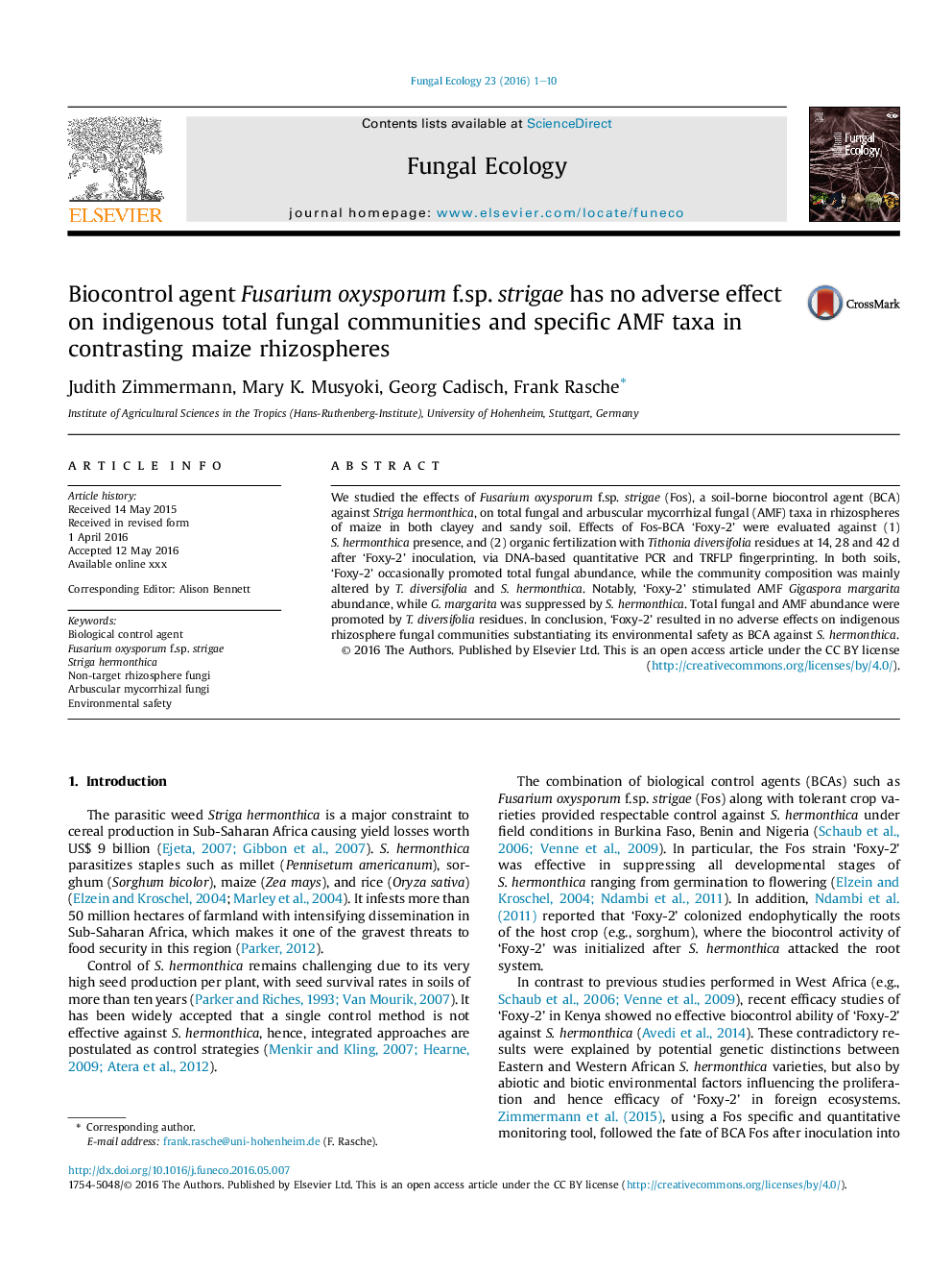 Biocontrol agent Fusarium oxysporum f.sp. strigae has no adverse effect on indigenous total fungal communities and specific AMF taxa in contrasting maize rhizospheres