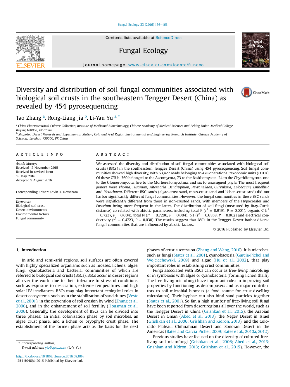 Diversity and distribution of soil fungal communities associated with biological soil crusts in the southeastern Tengger Desert (China) as revealed by 454 pyrosequencing