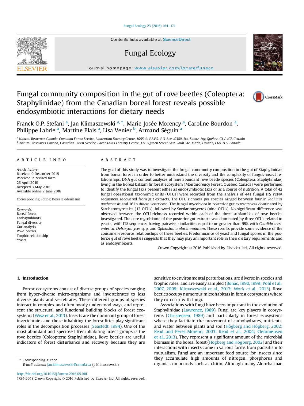 Fungal community composition in the gut of rove beetles (Coleoptera: Staphylinidae) from the Canadian boreal forest reveals possible endosymbiotic interactions for dietary needs