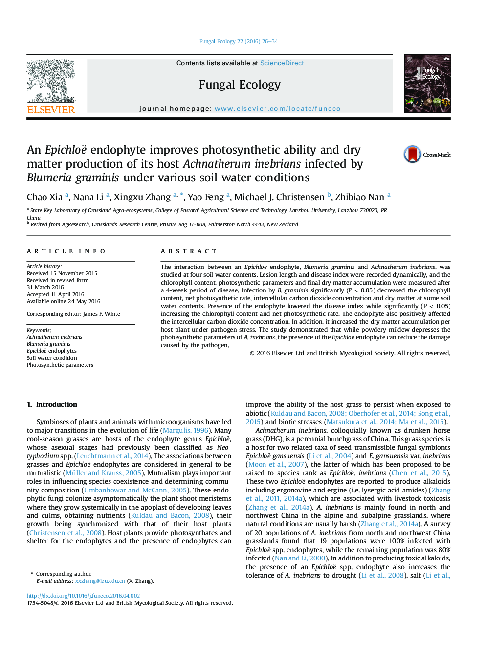 An Epichloë endophyte improves photosynthetic ability and dry matter production of its host Achnatherum inebrians infected by Blumeria graminis under various soil water conditions