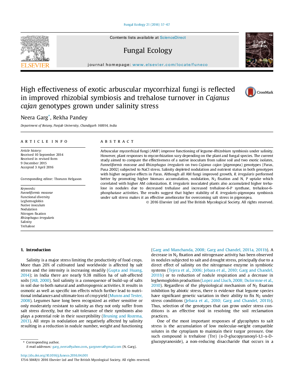 High effectiveness of exotic arbuscular mycorrhizal fungi is reflected in improved rhizobial symbiosis and trehalose turnover in Cajanus cajan genotypes grown under salinity stress