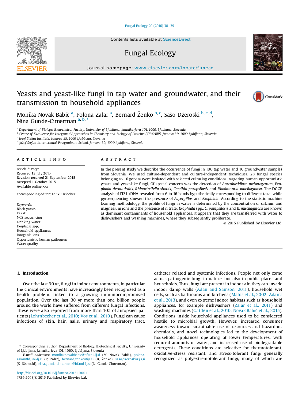 Yeasts and yeast-like fungi in tap water and groundwater, and their transmission to household appliances