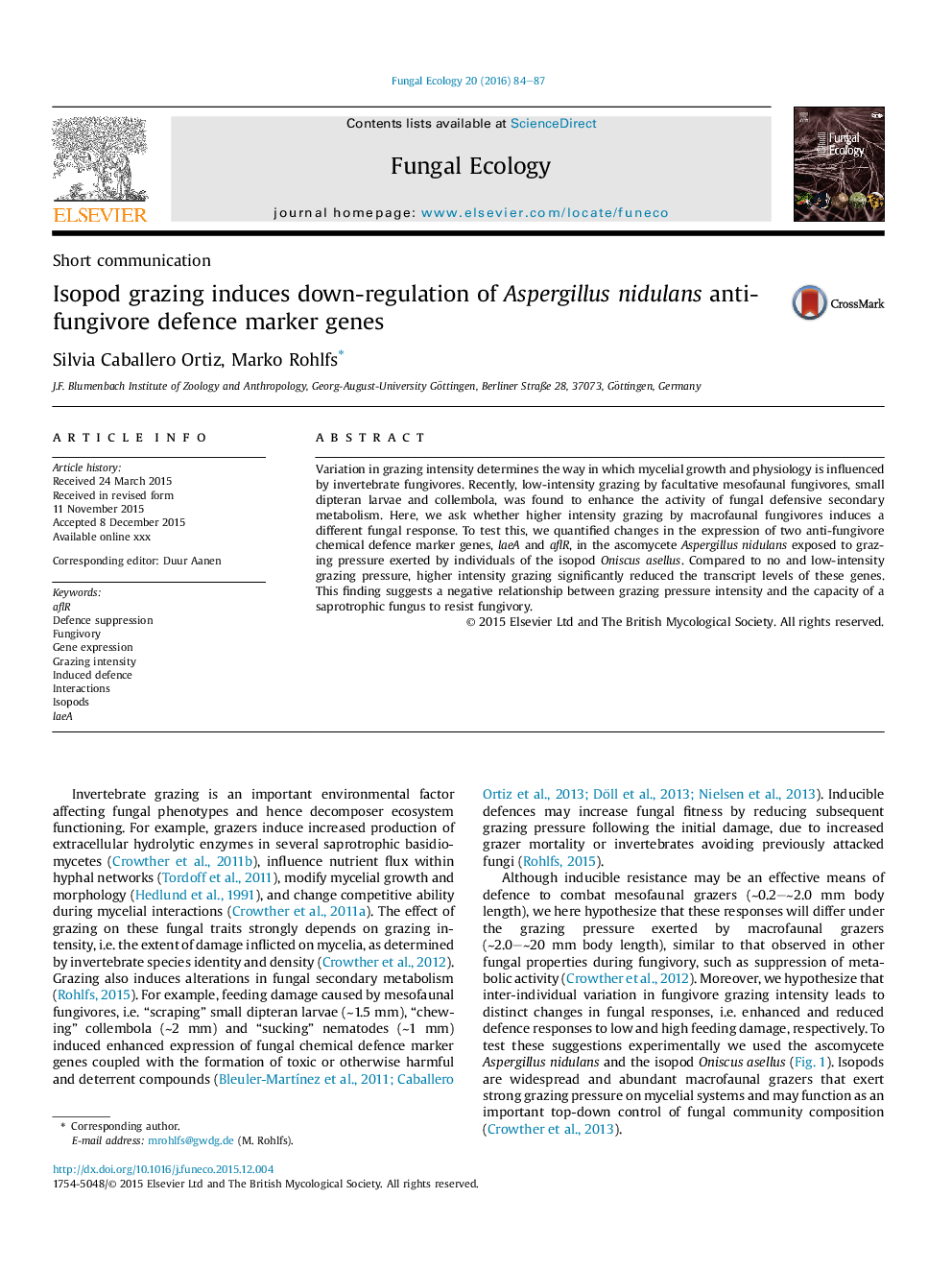 Isopod grazing induces down-regulation of Aspergillus nidulans anti-fungivore defence marker genes