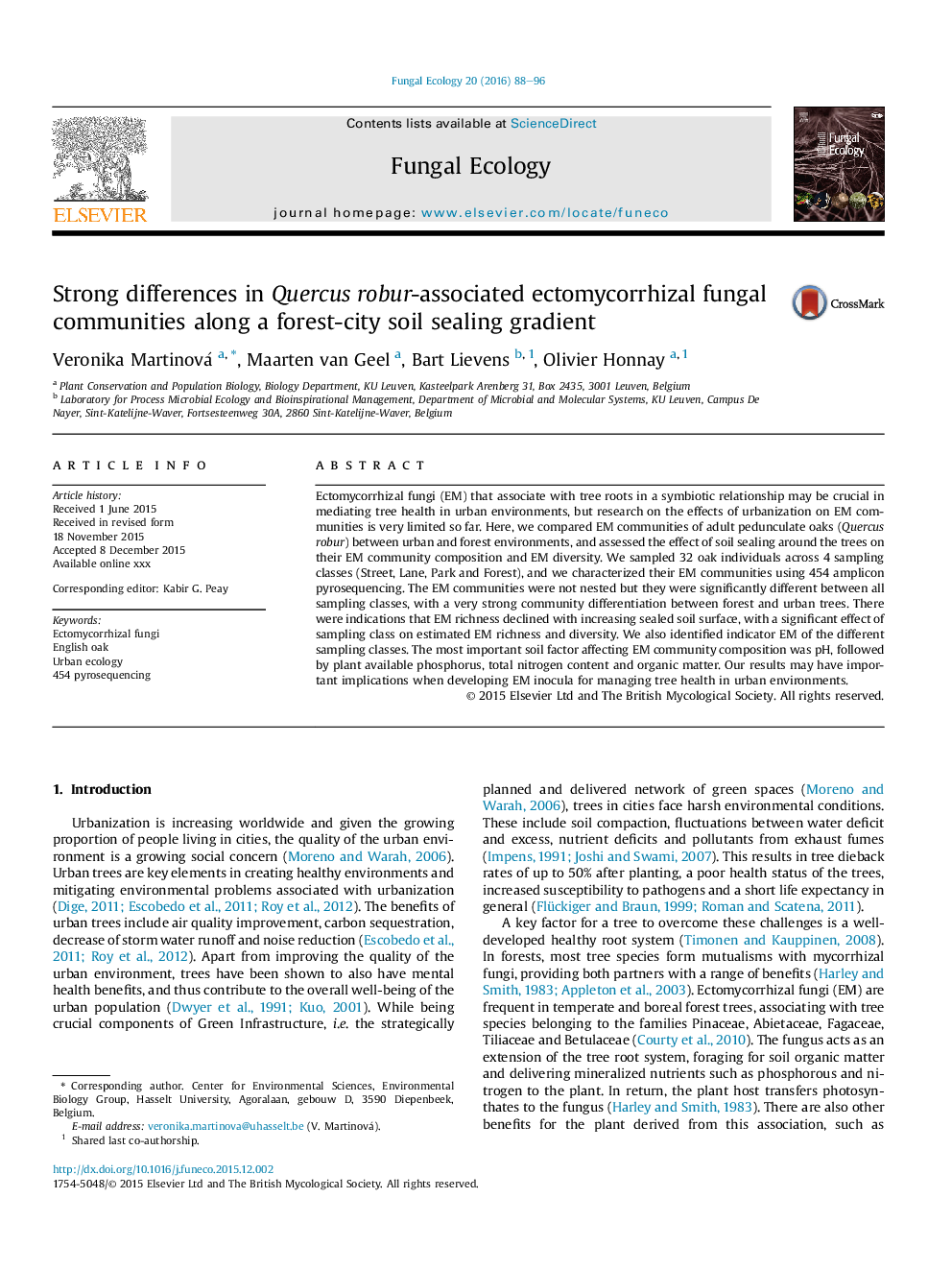 Strong differences in Quercus robur-associated ectomycorrhizal fungal communities along a forest-city soil sealing gradient