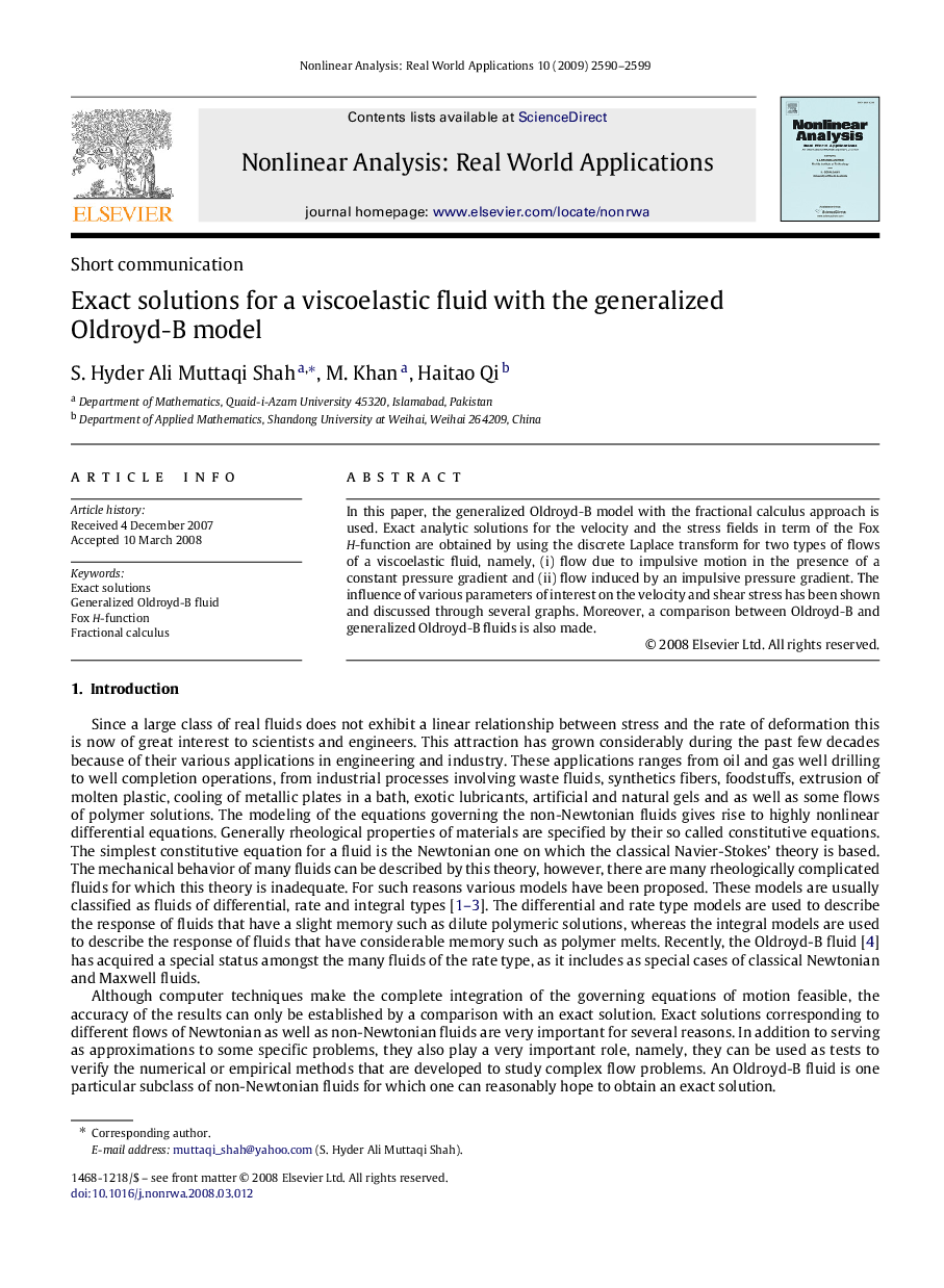 Exact solutions for a viscoelastic fluid with the generalized Oldroyd-B model