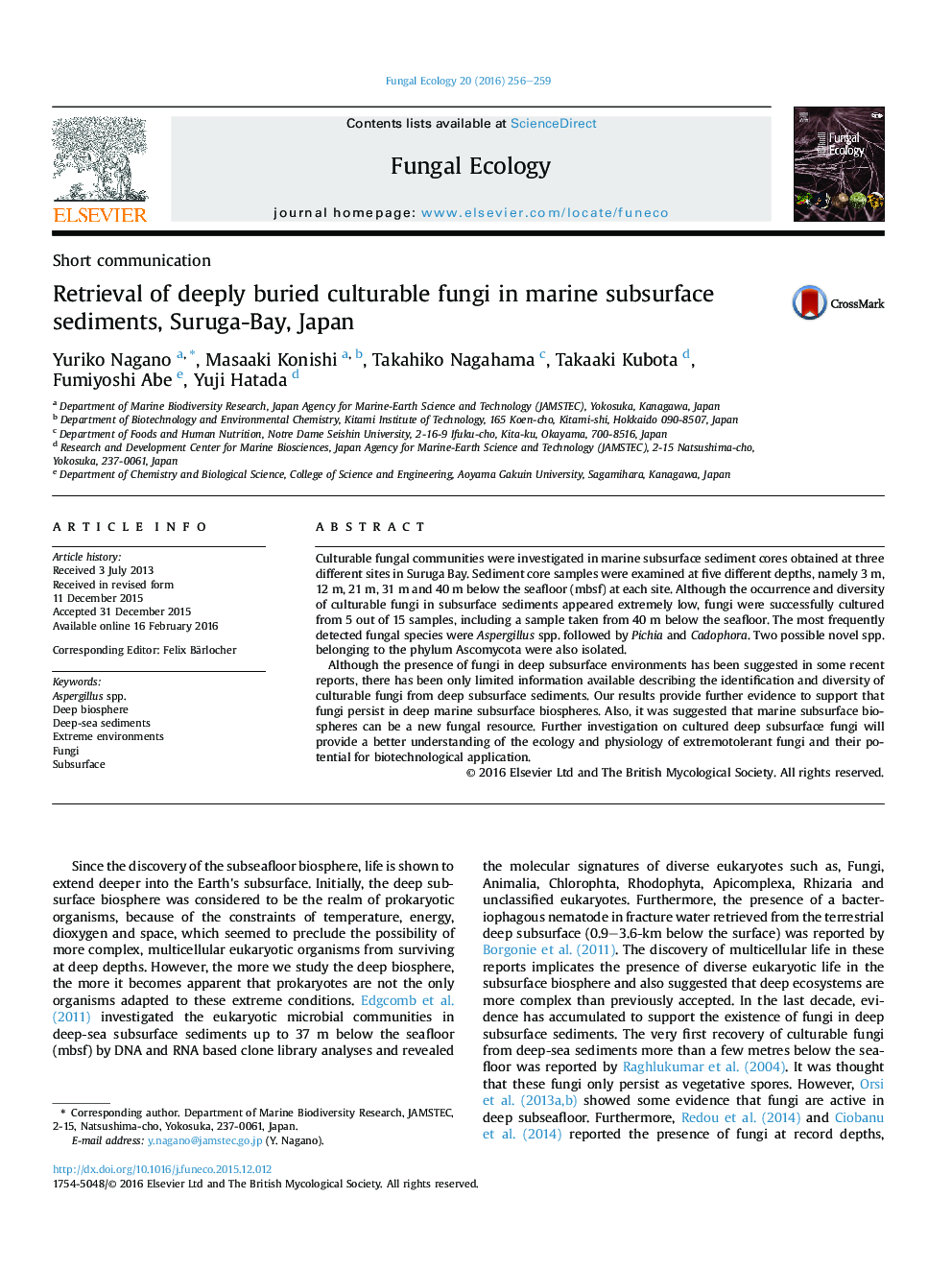 Retrieval of deeply buried culturable fungi in marine subsurface sediments, Suruga-Bay, Japan