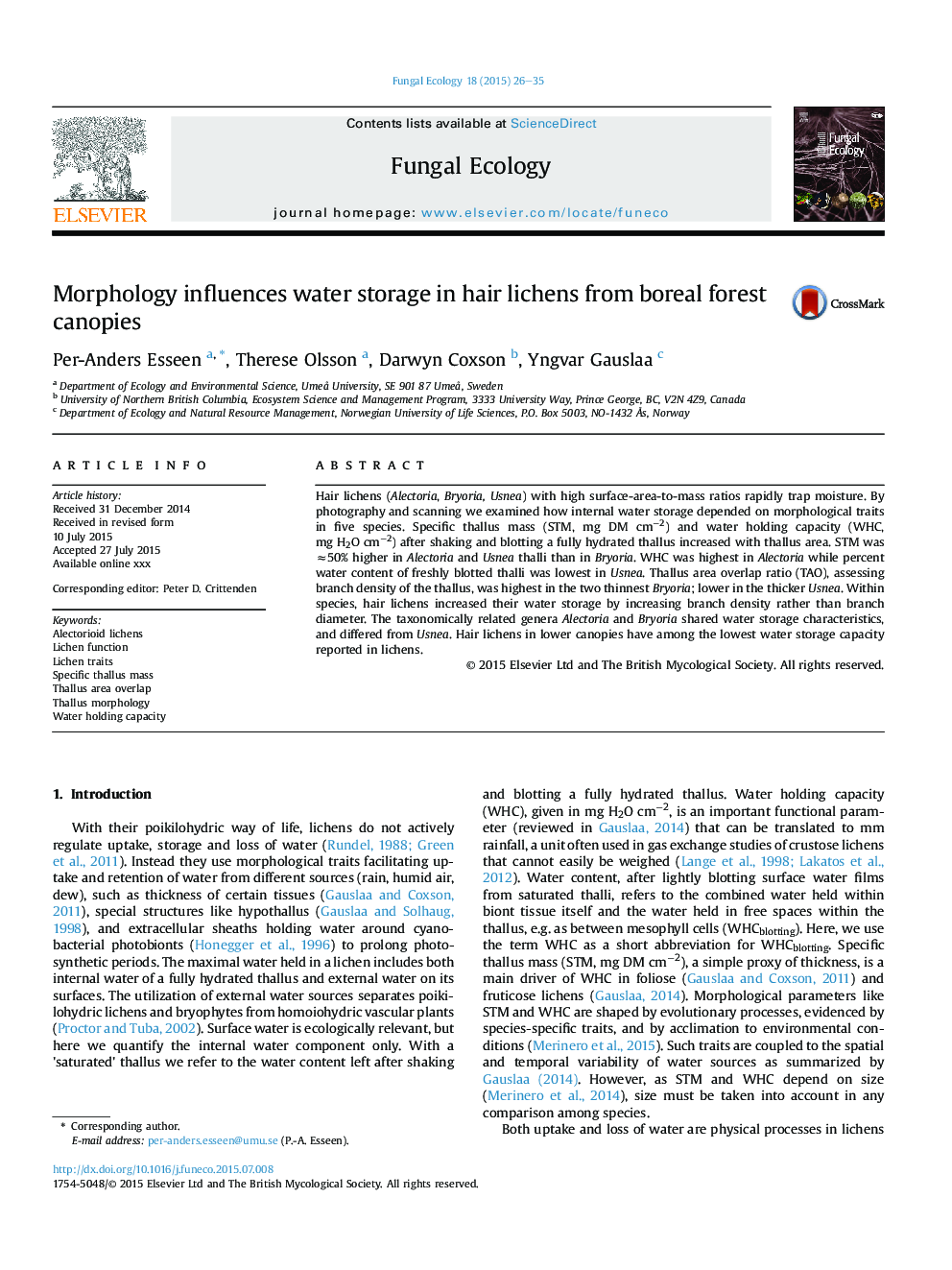 Morphology influences water storage in hair lichens from boreal forest canopies