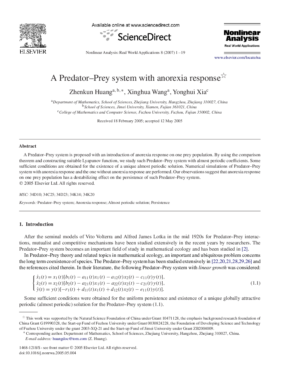 A Predator–Prey system with anorexia response 