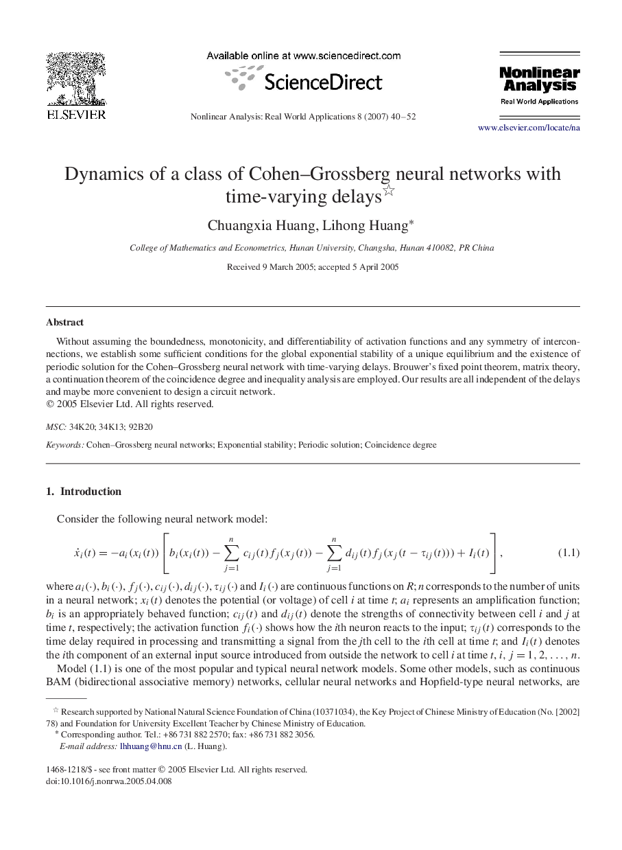 Dynamics of a class of Cohen–Grossberg neural networks with time-varying delays 