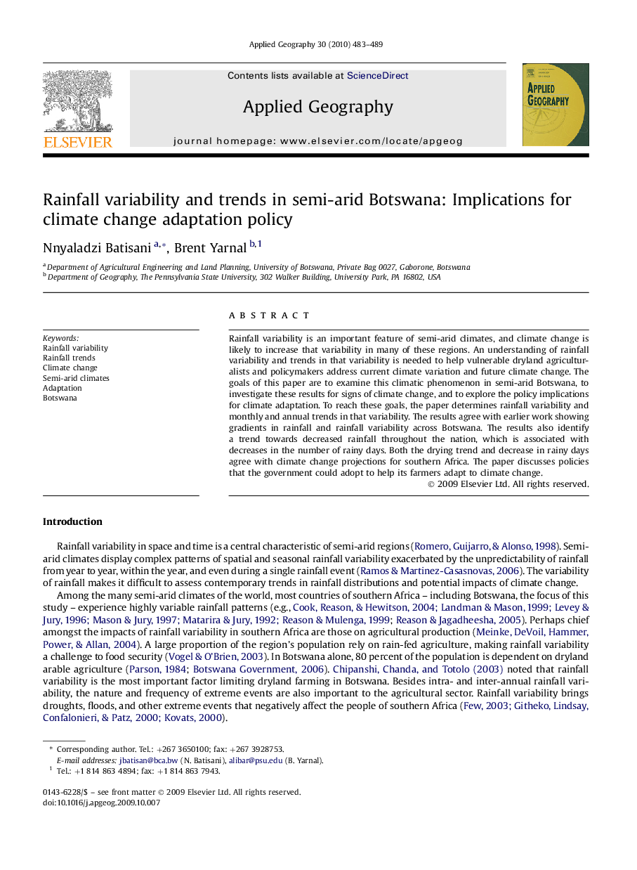 Rainfall variability and trends in semi-arid Botswana: Implications for climate change adaptation policy