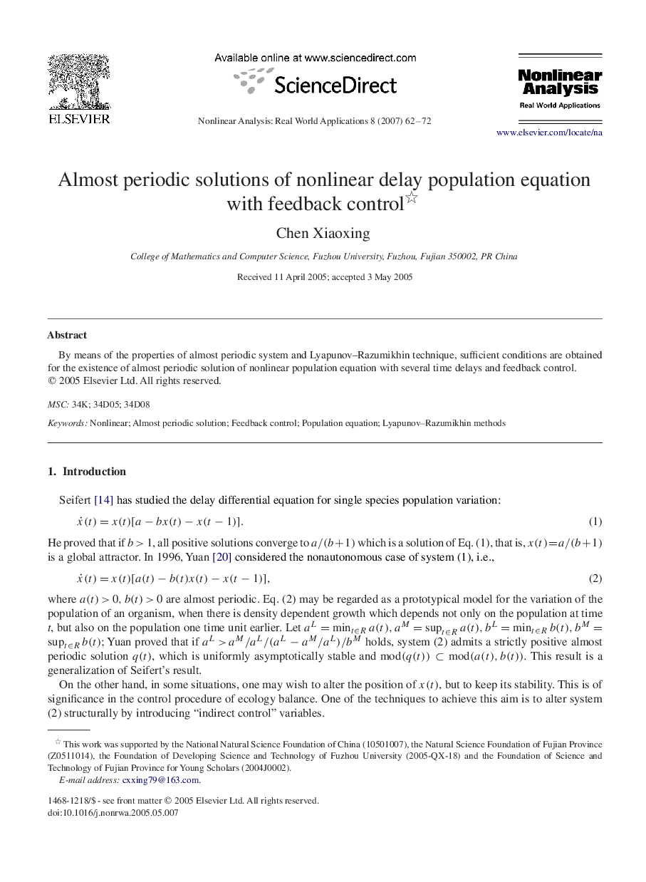 Almost periodic solutions of nonlinear delay population equation with feedback control 