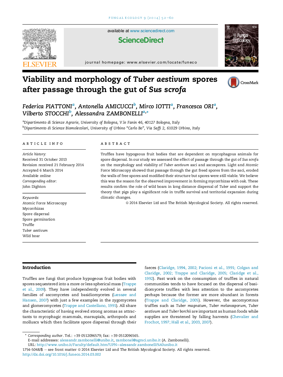 Viability and morphology of Tuber aestivum spores after passage through the gut of Sus scrofa