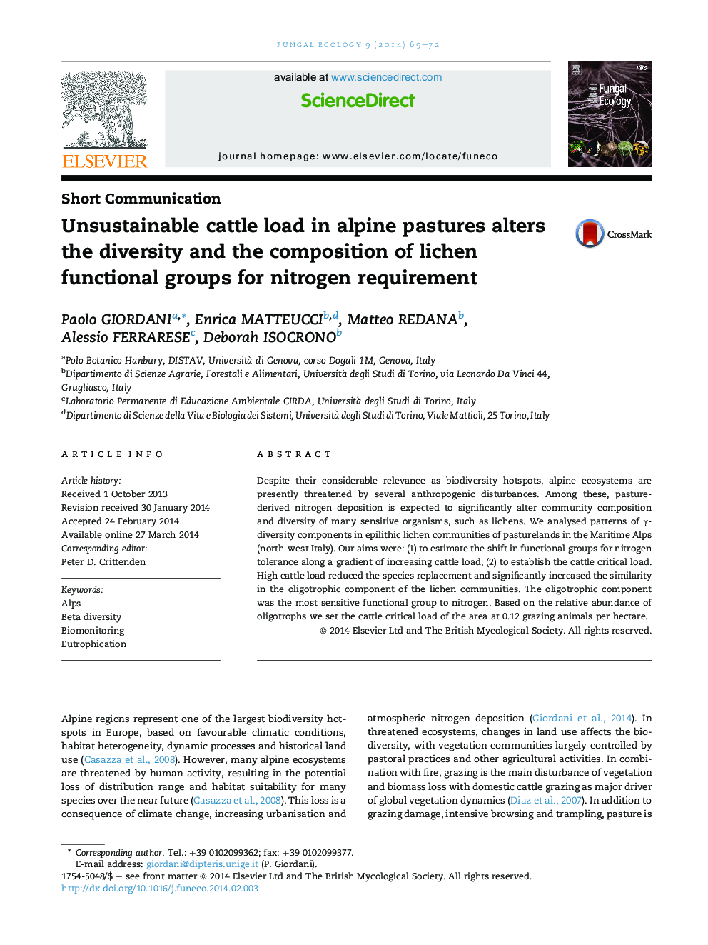 Unsustainable cattle load in alpine pastures alters the diversity and the composition of lichen functional groups for nitrogen requirement