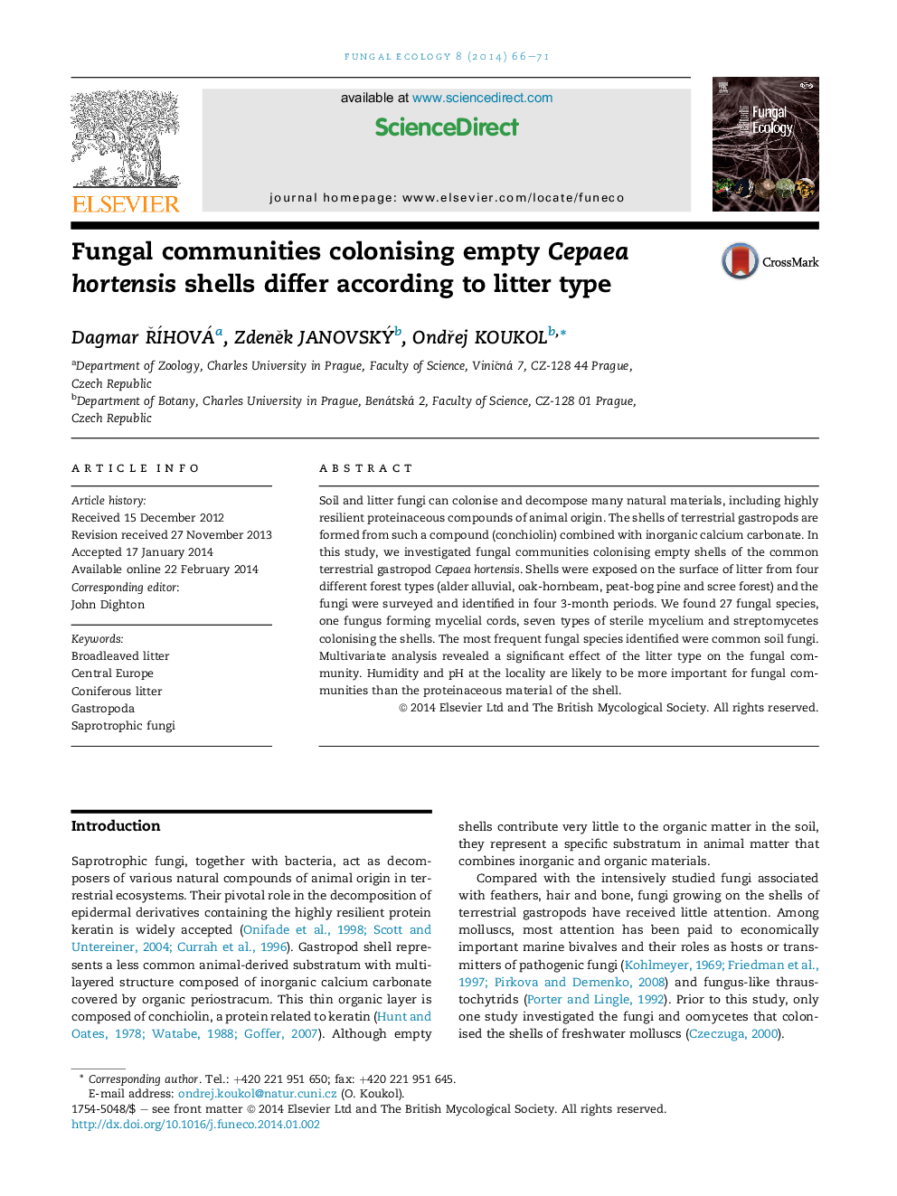 Fungal communities colonising empty Cepaea hortensis shells differ according to litter type