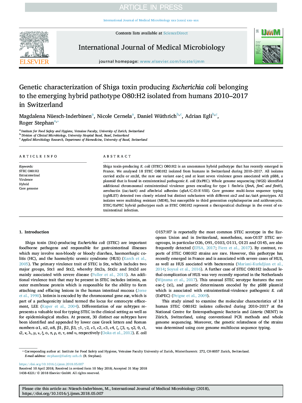 Genetic characterization of Shiga toxin producing Escherichia coli belonging to the emerging hybrid pathotype O80:H2 isolated from humans 2010-2017 in Switzerland
