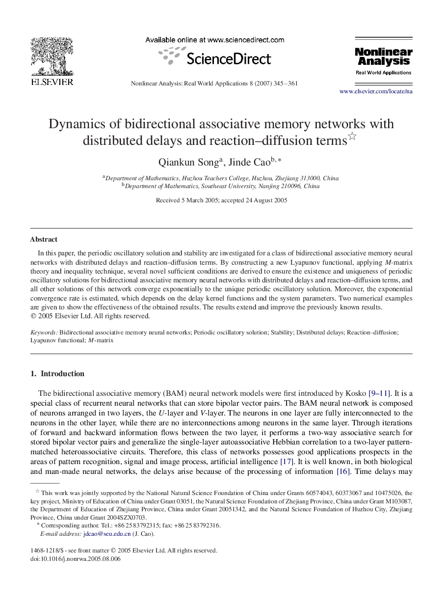 Dynamics of bidirectional associative memory networks with distributed delays and reaction–diffusion terms 