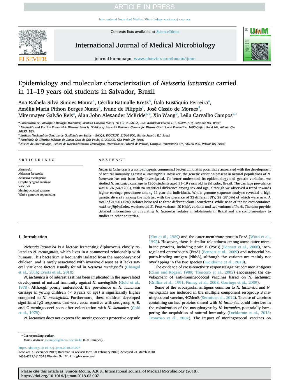 Epidemiology and molecular characterization of Neisseria lactamica carried in 11-19 years old students in Salvador, Brazil