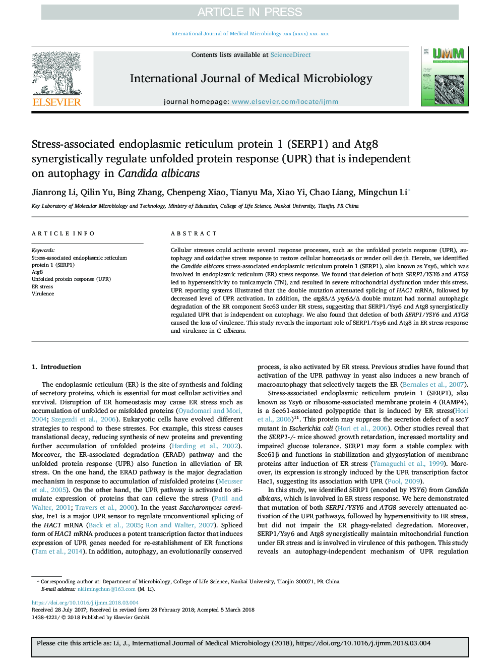 Stress-associated endoplasmic reticulum protein 1 (SERP1) and Atg8 synergistically regulate unfolded protein response (UPR) that is independent on autophagy in Candida albicans