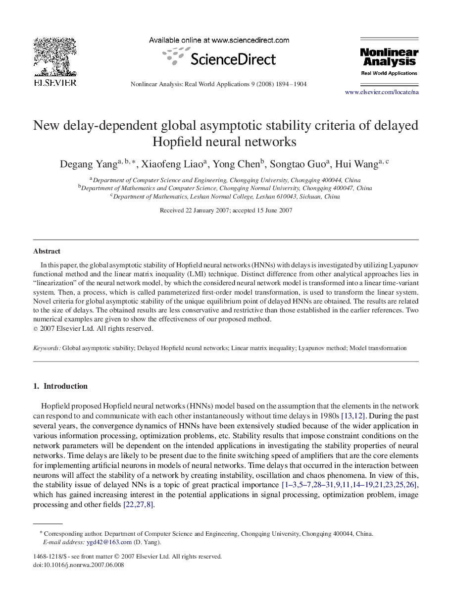 New delay-dependent global asymptotic stability criteria of delayed Hopfield neural networks