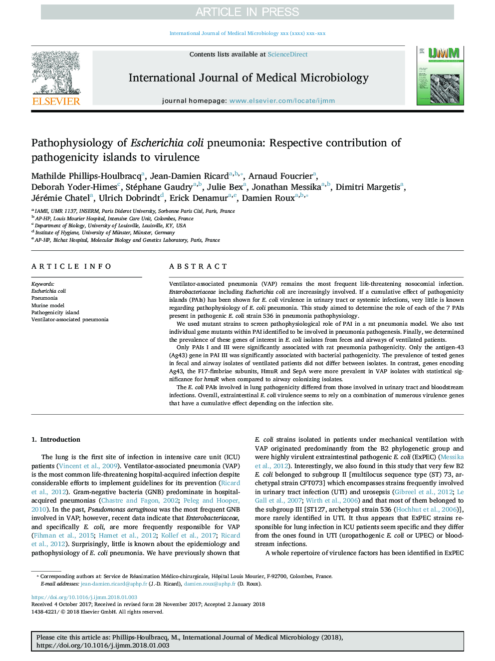 Pathophysiology of Escherichia coli pneumonia: Respective contribution of pathogenicity islands to virulence