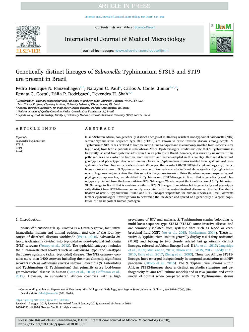 Genetically distinct lineages of Salmonella Typhimurium ST313 and ST19 are present in Brazil