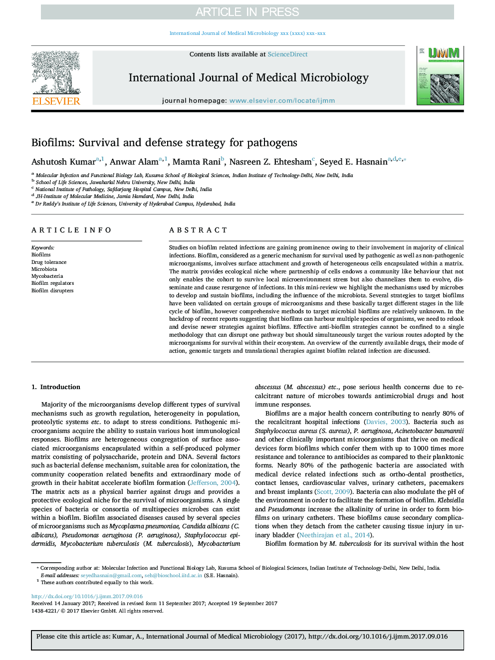 Biofilms: Survival and defense strategy for pathogens