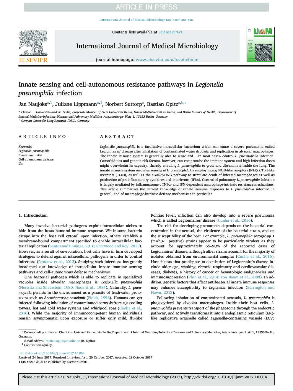 Innate sensing and cell-autonomous resistance pathways in Legionella pneumophila infection