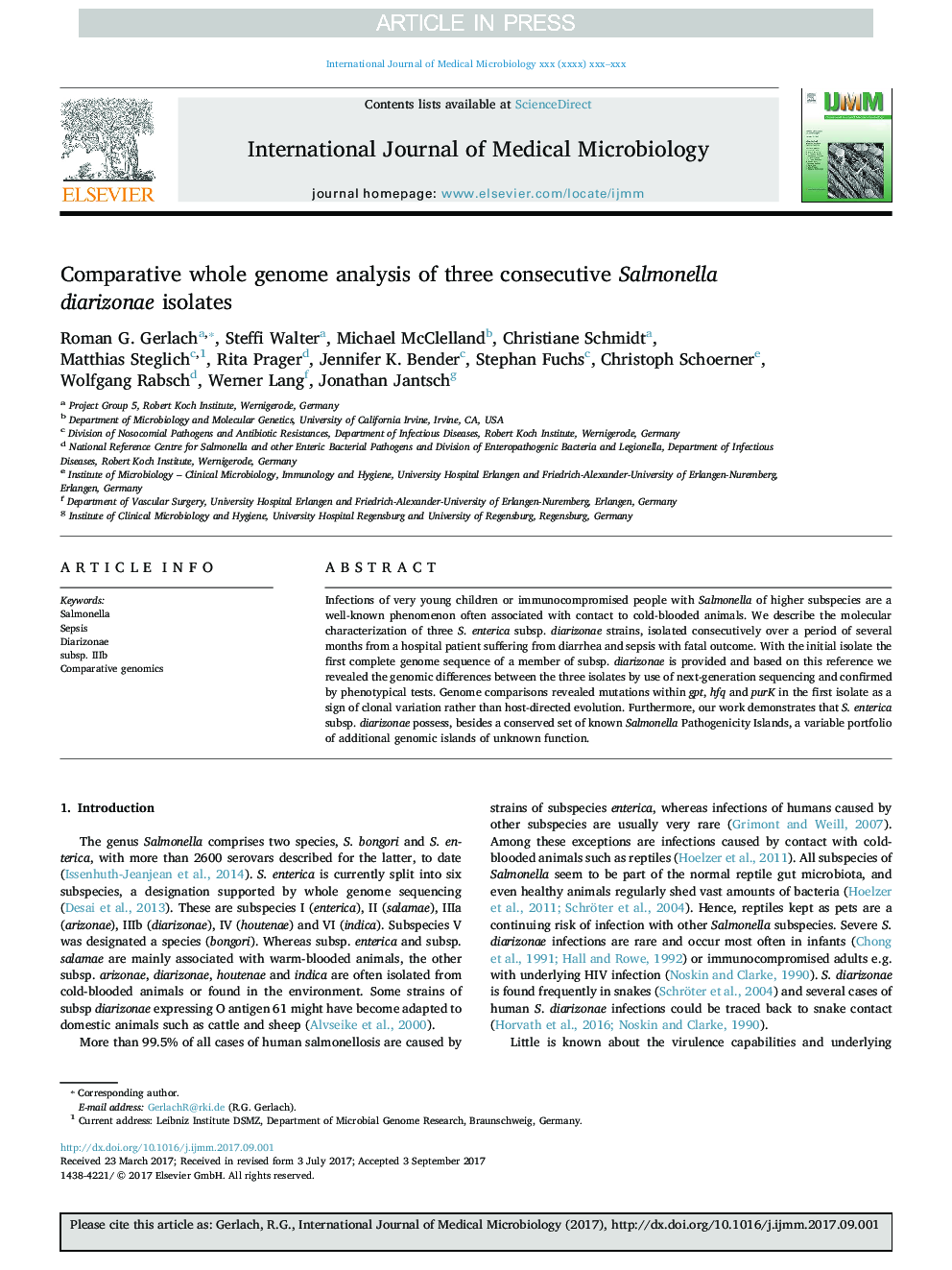 Comparative whole genome analysis of three consecutive Salmonella diarizonae isolates