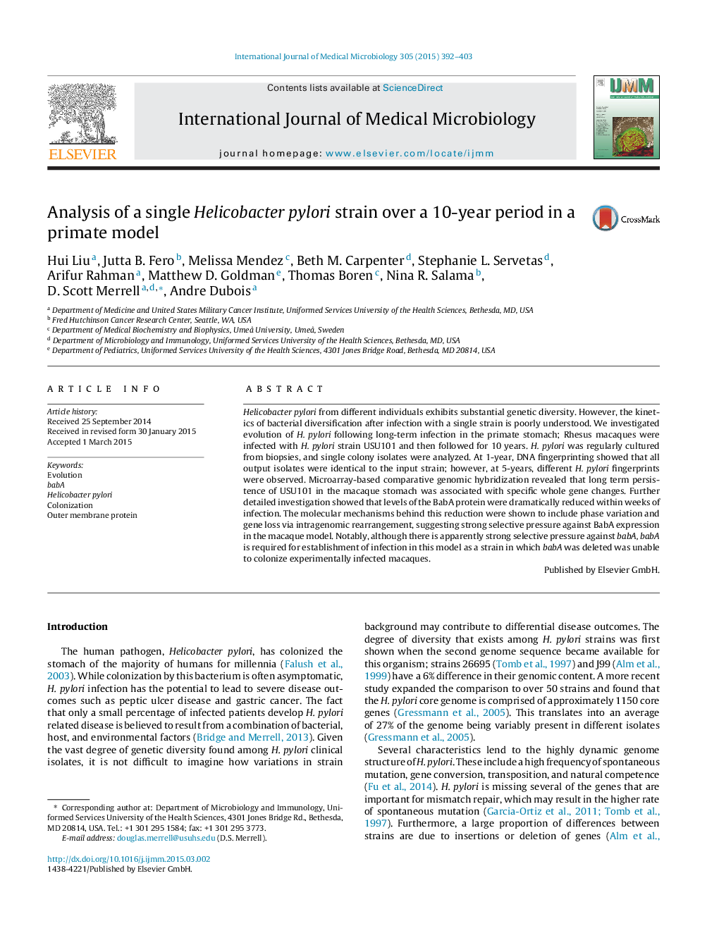 Analysis of a single Helicobacter pylori strain over a 10-year period in a primate model