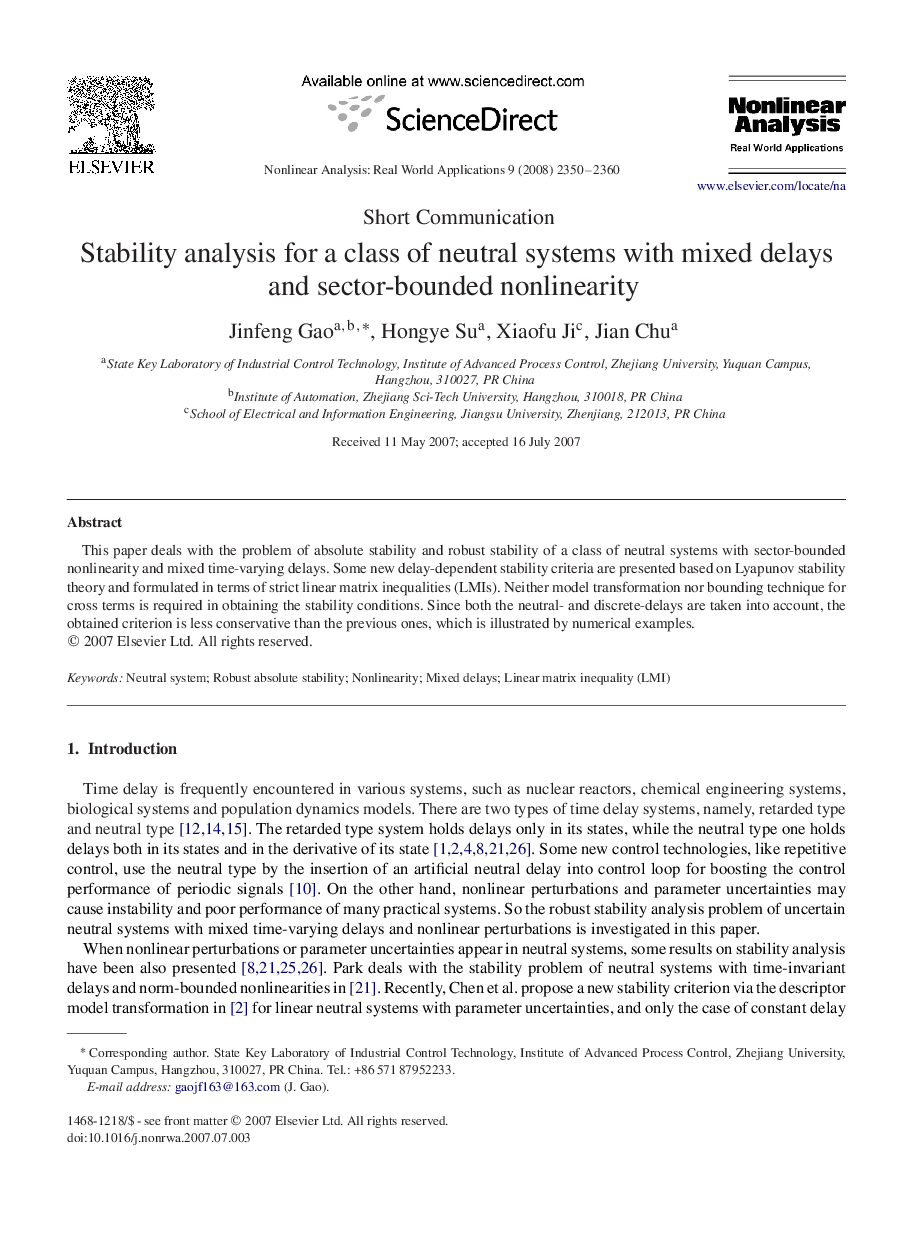 Stability analysis for a class of neutral systems with mixed delays and sector-bounded nonlinearity