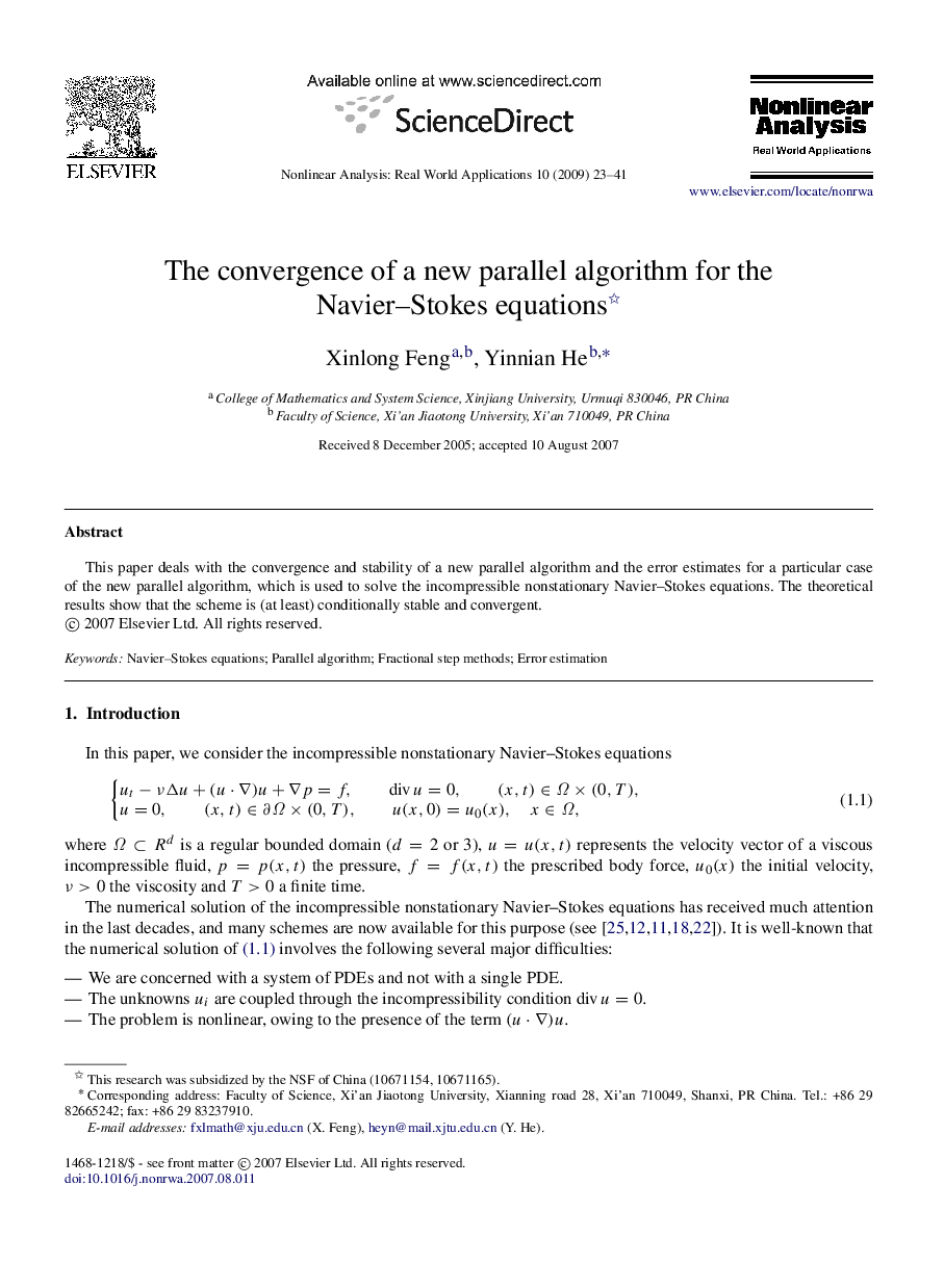 The convergence of a new parallel algorithm for the Navier–Stokes equations 