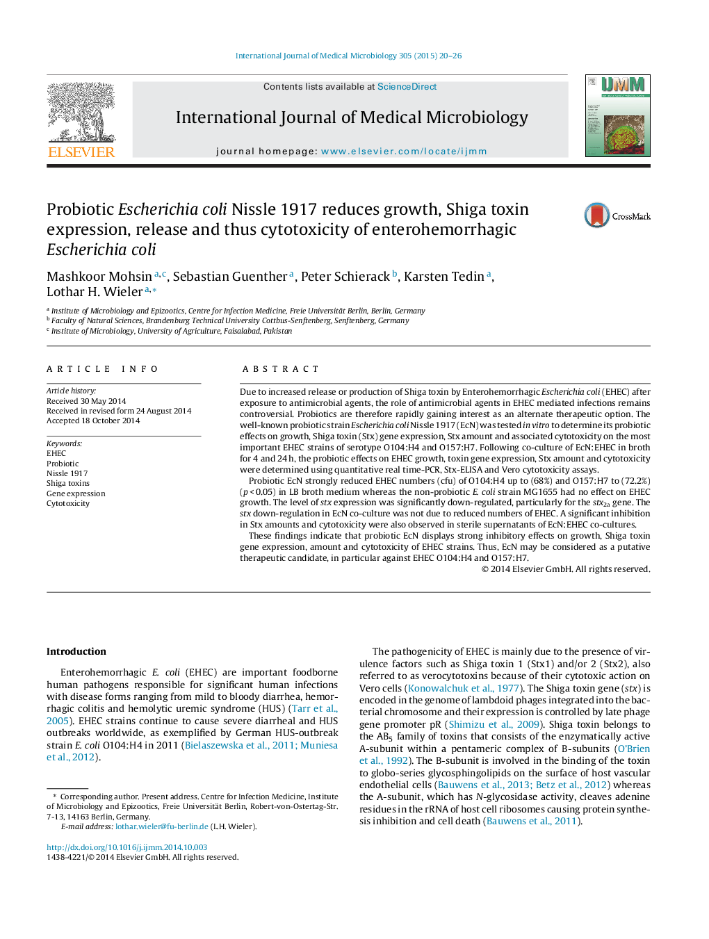 Probiotic Escherichia coli Nissle 1917 reduces growth, Shiga toxin expression, release and thus cytotoxicity of enterohemorrhagic Escherichia coli