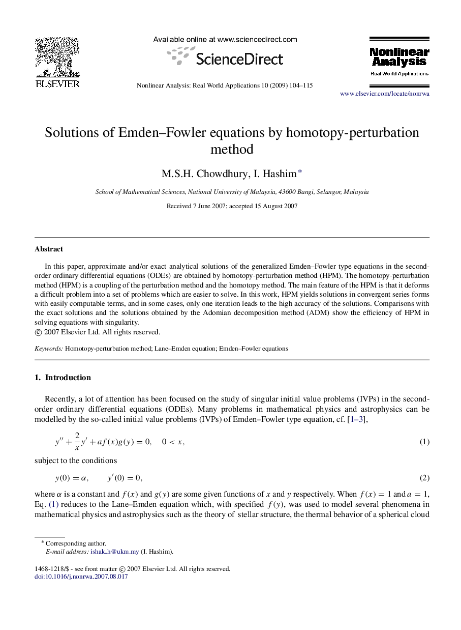 Solutions of Emden–Fowler equations by homotopy-perturbation method